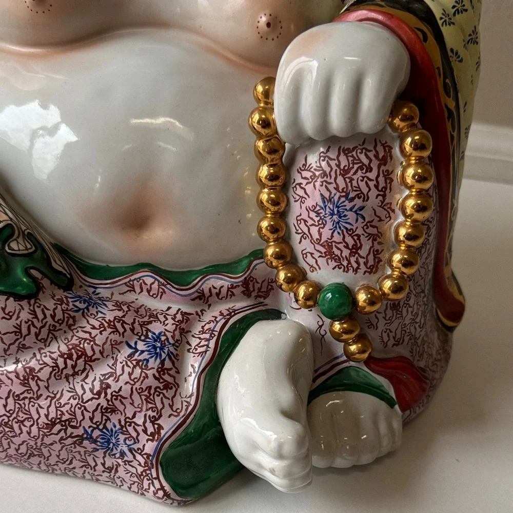 Vintage Hand-Painted Porcelain Laughing Buddha Statue in White and Multicolor - Picture 8 of 14